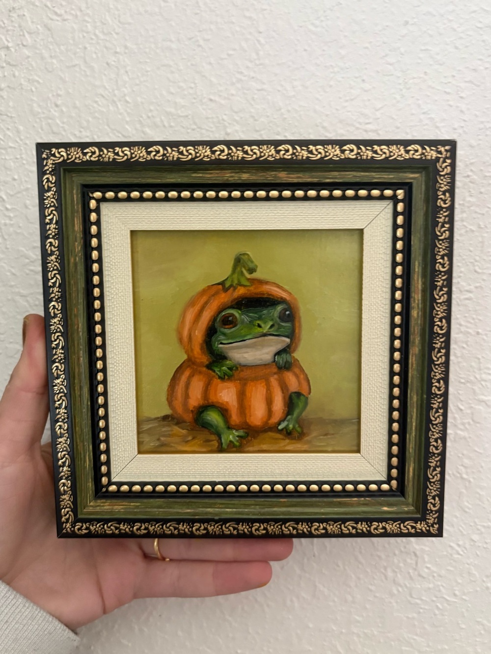 "Pumpkin Frog” Original oil painting on wood board mini framed 4x4"